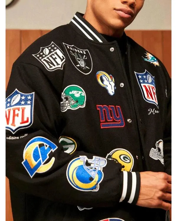 All Team Badges Black Varsity Jacket