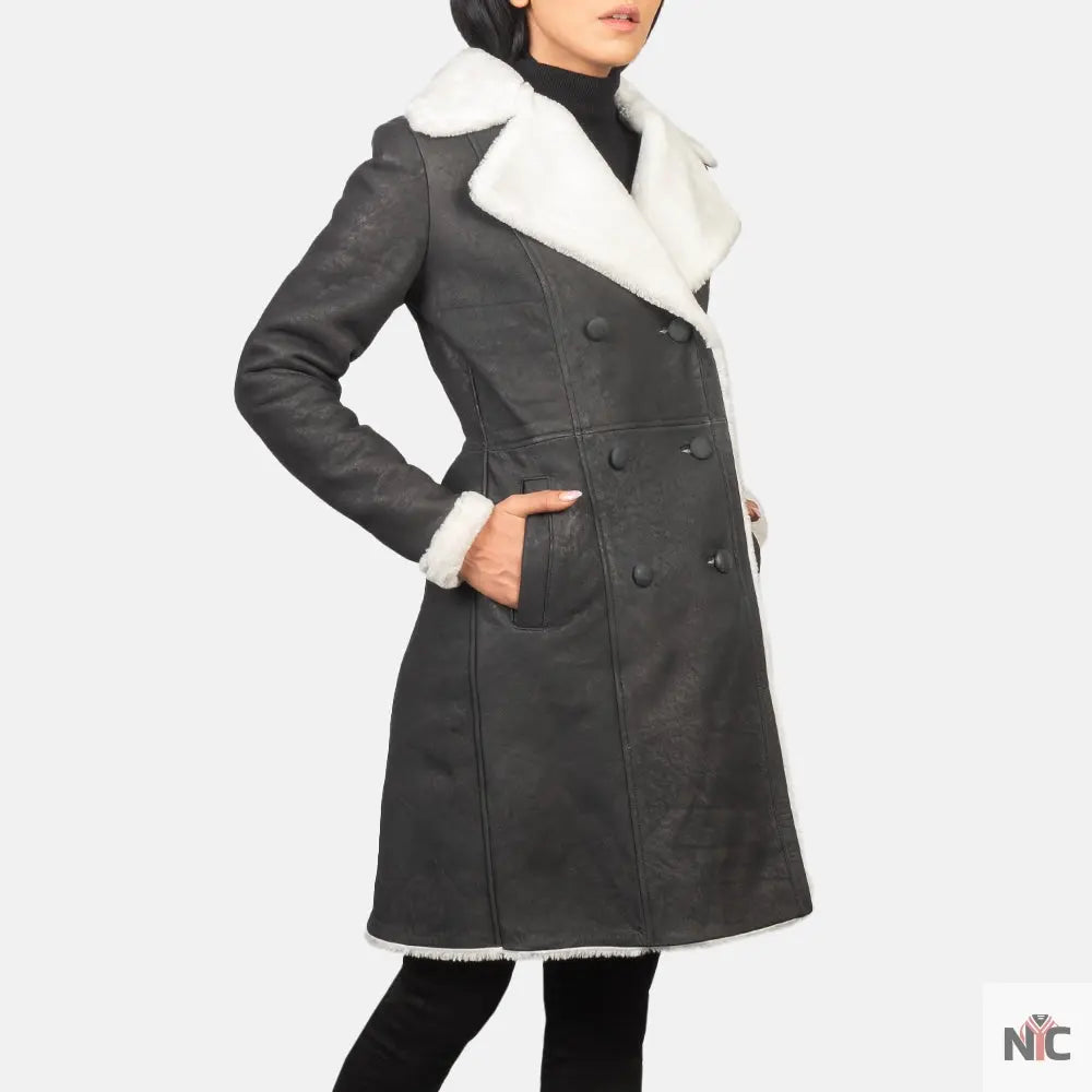 Amie Black Double Breasted Shearling Coat Clanton Jacket