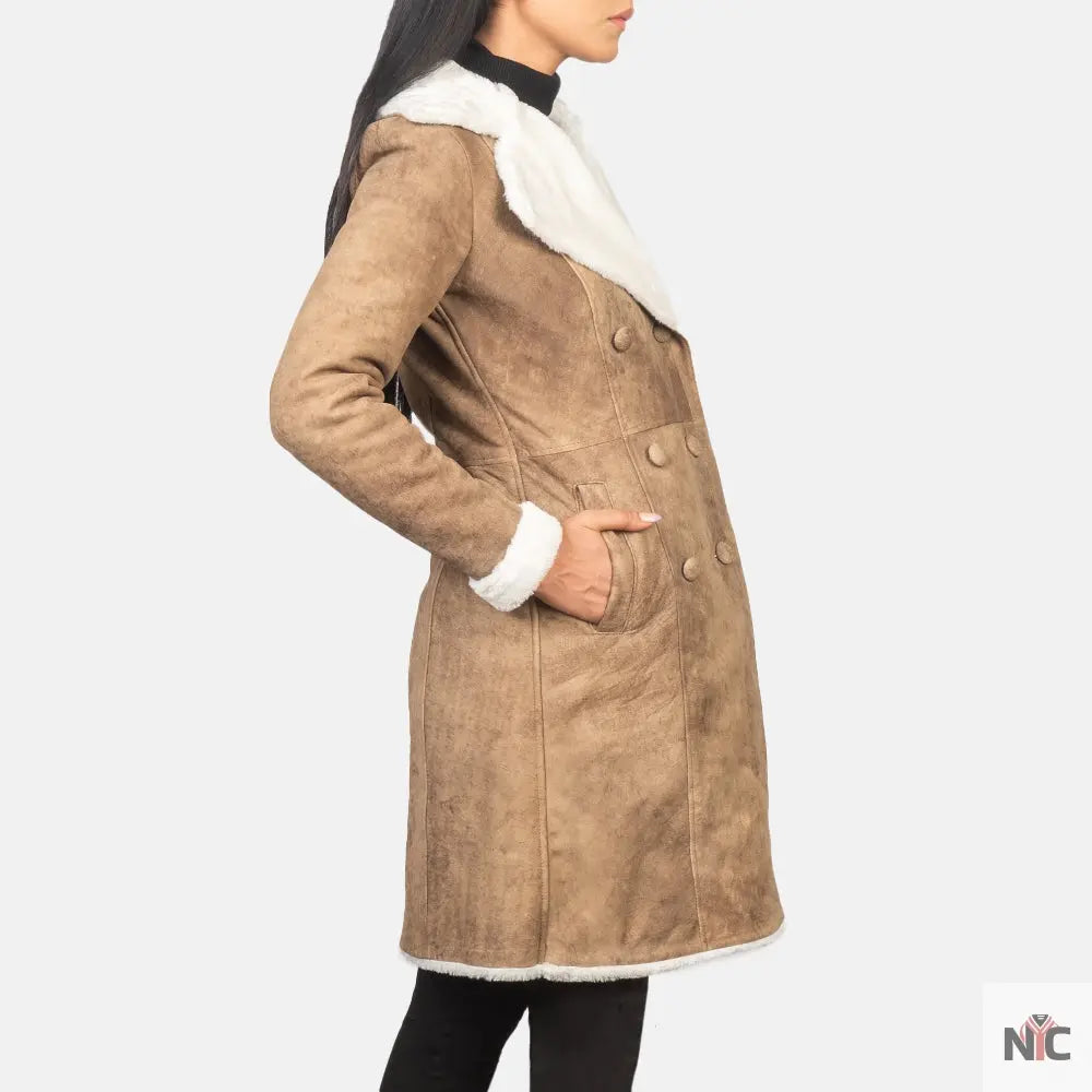 Amie Distressed Brown Double Breasted Shearling Coat Clanton Jacket
