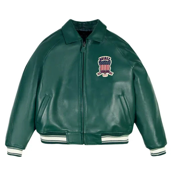 Avirex Inspired Cropped Icon Green Leather Jacket