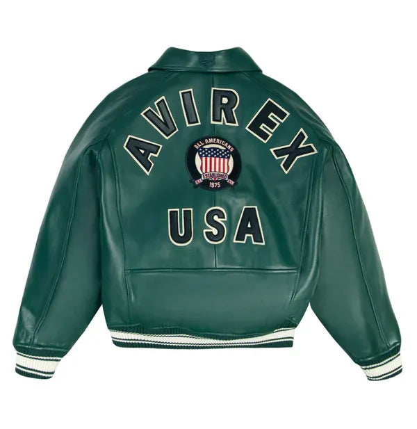 Avirex Inspired Cropped Icon Green Leather Jacket