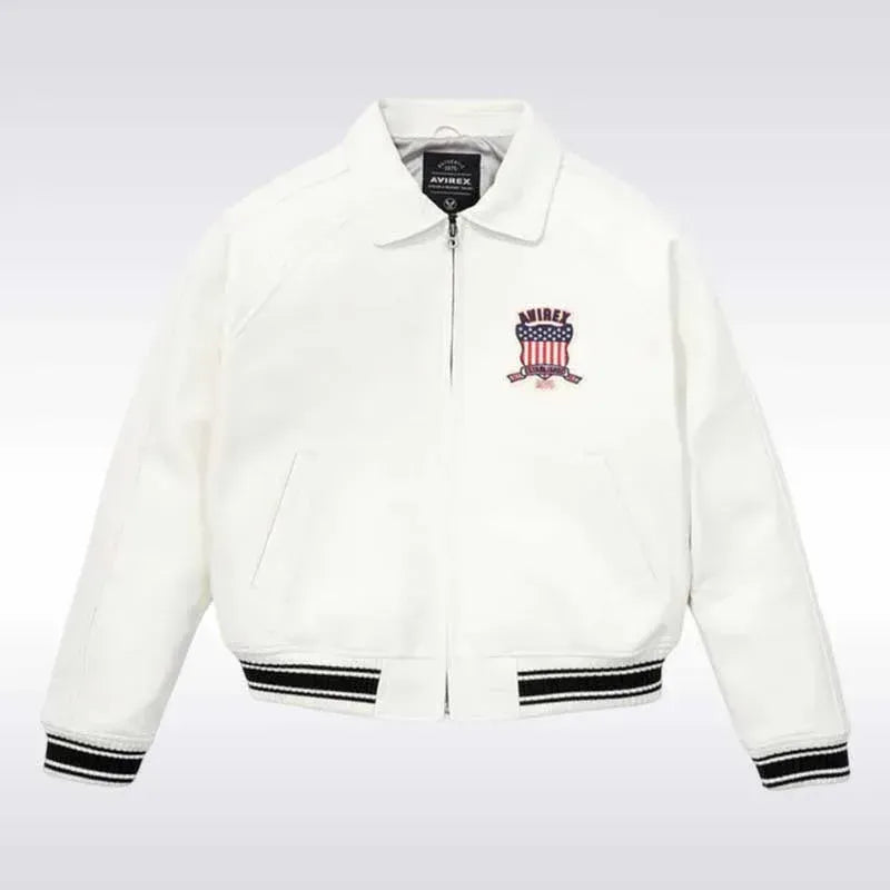 Avirex Inspired Cropped Icon White Leather Jacket
