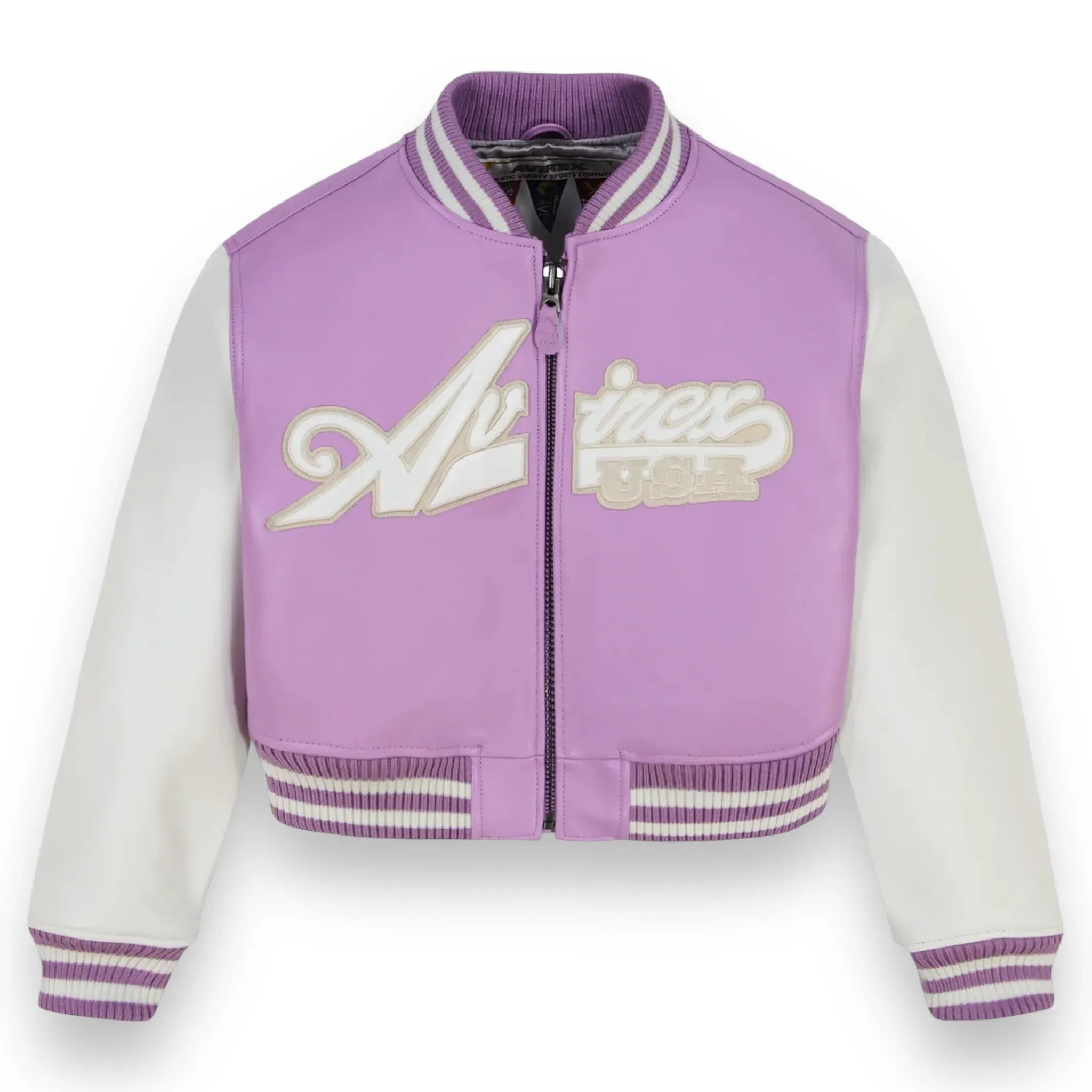 Avirex Inspired Cropped Script Wool Leather Jacket