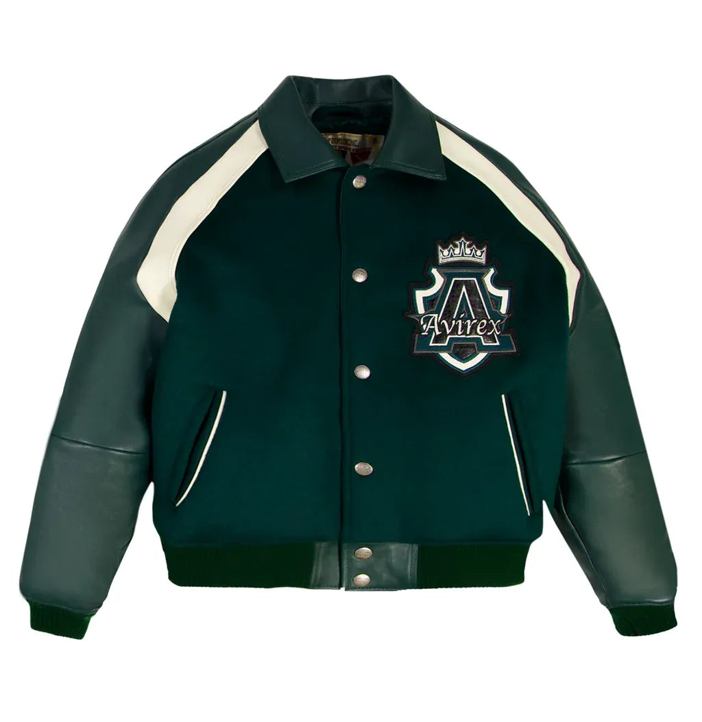 Avirex Inspired Green And Black Wool Leather Varsity Jacket