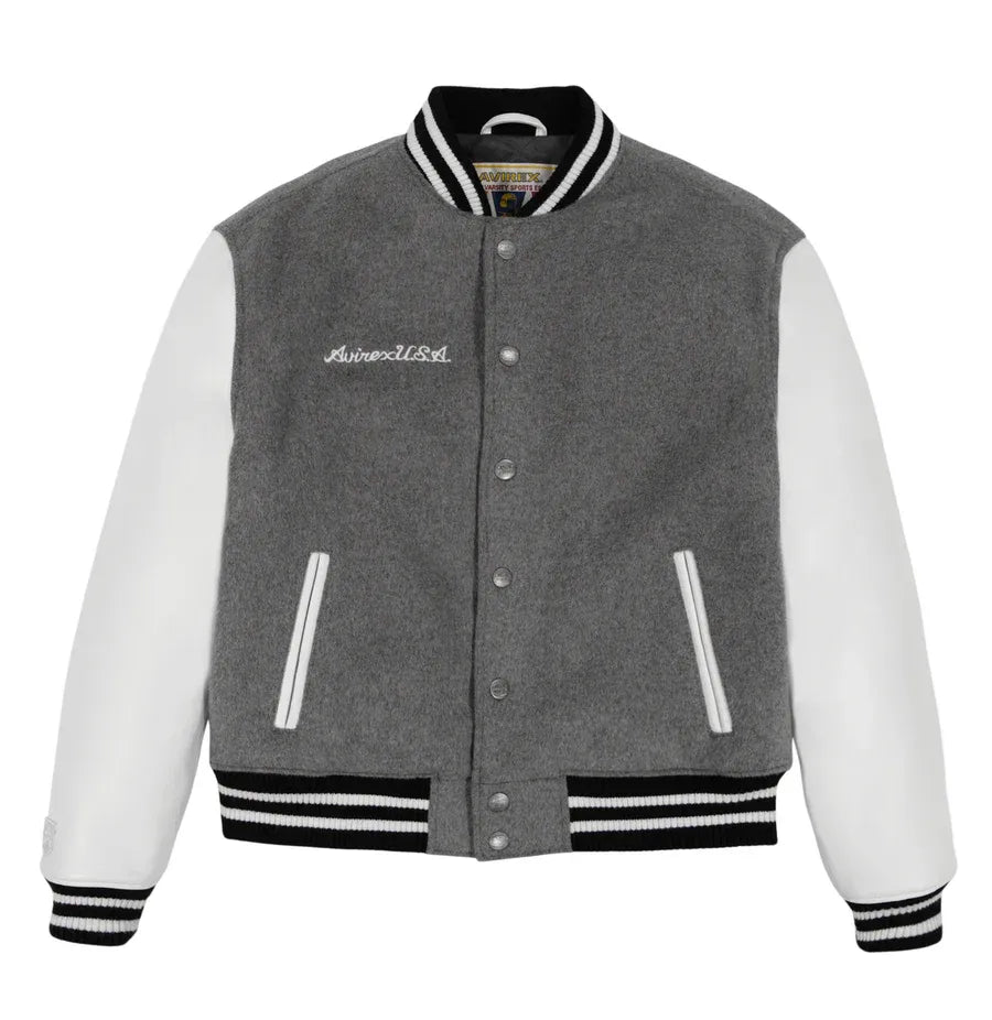 Avirex Inspired Grey Wool Leather Varsity Jacket