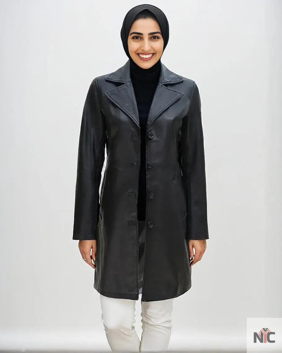 Black Real Leather Trench Car Coat for Women Clanton Jacket