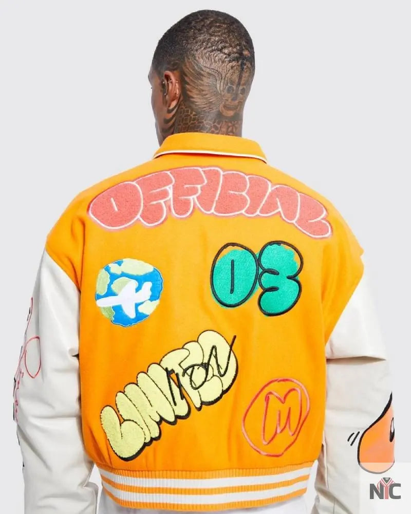Boxy Fit Graffiti Orange Varsity Jacket Clanton Jacket
