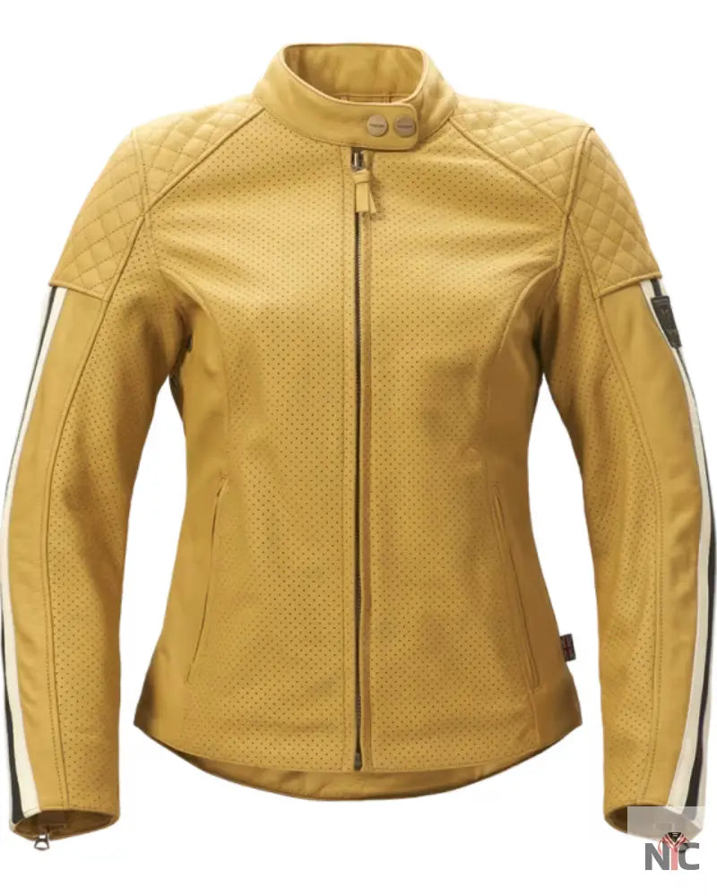Braddan Women’s Air Race Gold Leather Motorcycle Jacket Clanton Jacket