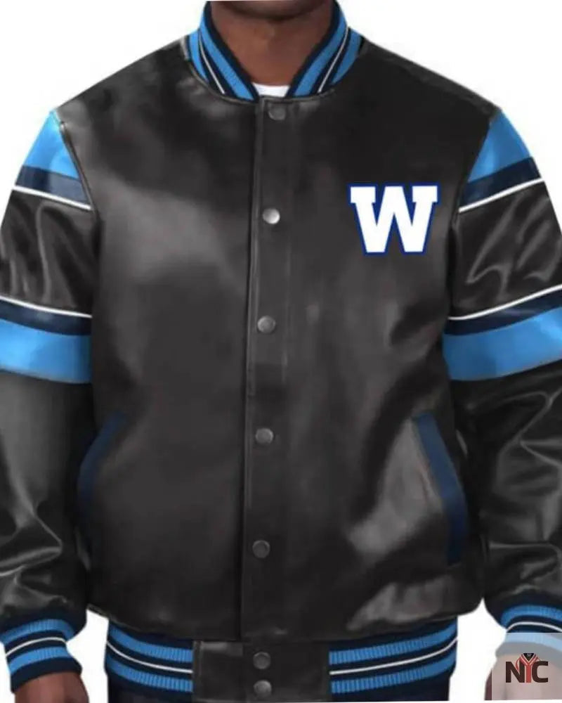 CFL Winnipeg Blue Bombers Multicolor Leather Jacket Clanton Jacket