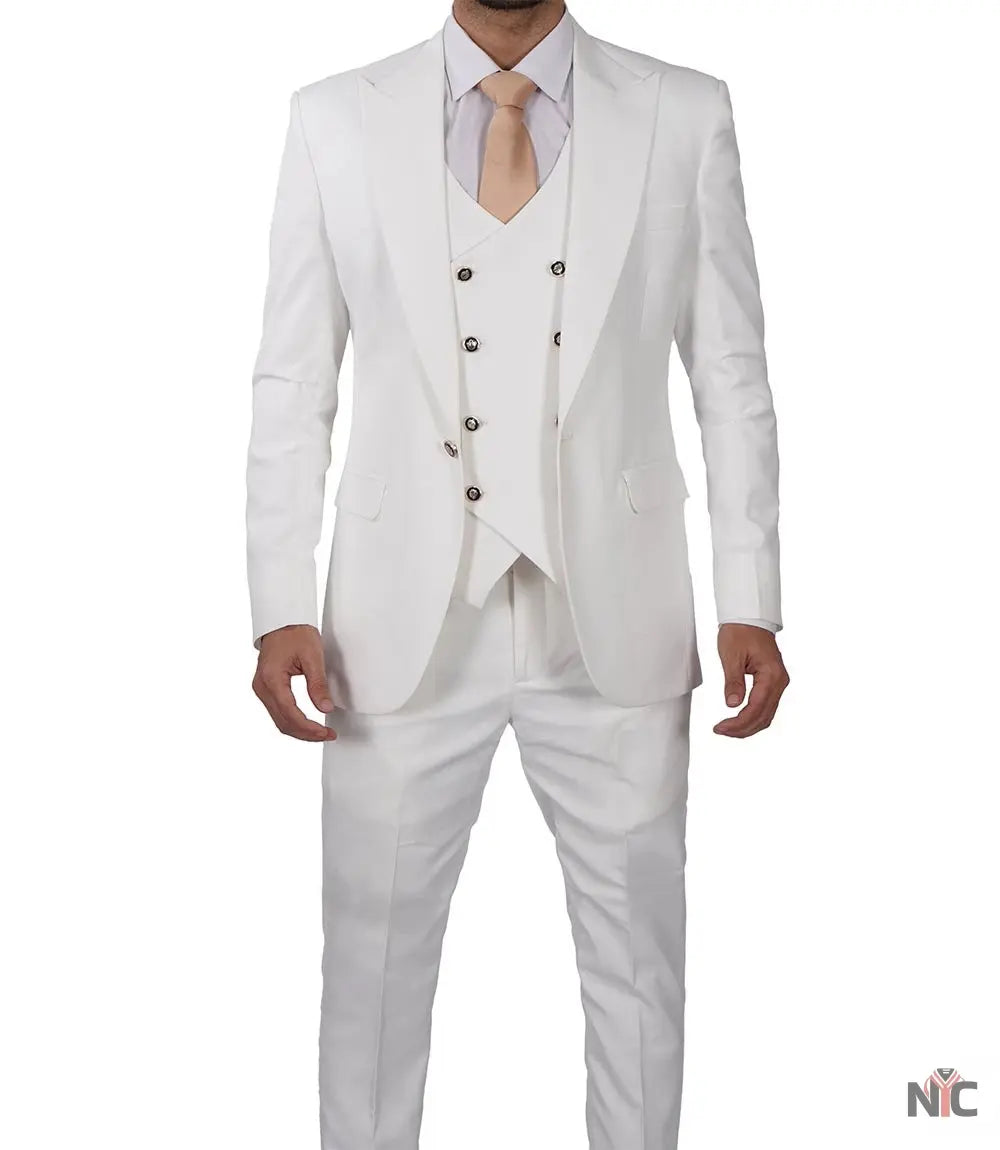 Classic Double-Breasted White 3-Piece Men's Wedding Suits Clanton Jacket