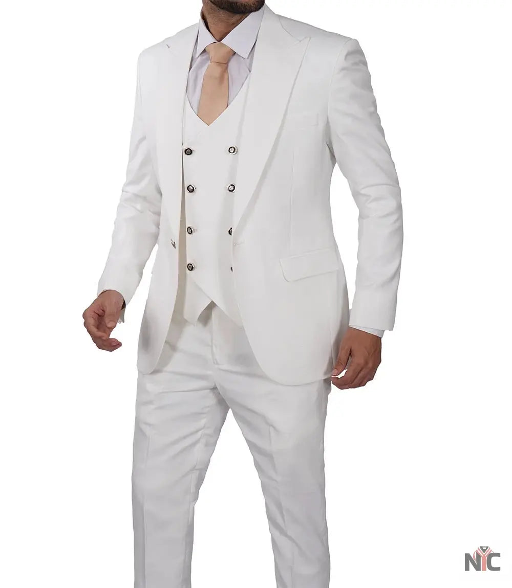 Classic Double-Breasted White 3-Piece Men's Wedding Suits Clanton Jacket
