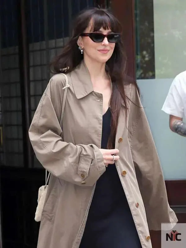 Dakota Johnson NYC 2025 Brown Coat Clanton Jacket