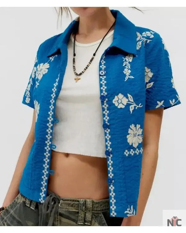 Days of our Lives Felicity Greene Blue Floral Embroidered Shirt Clanton Jacket