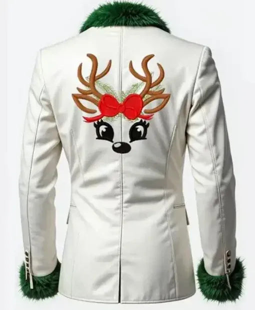 Deer Embroidered White Christmas Blazer