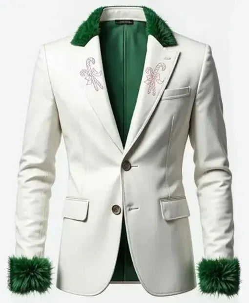Deer Embroidered White Christmas Blazer