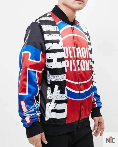 Detroit Pistons Mashup Satin Varsity Jacket Clanton Jacket