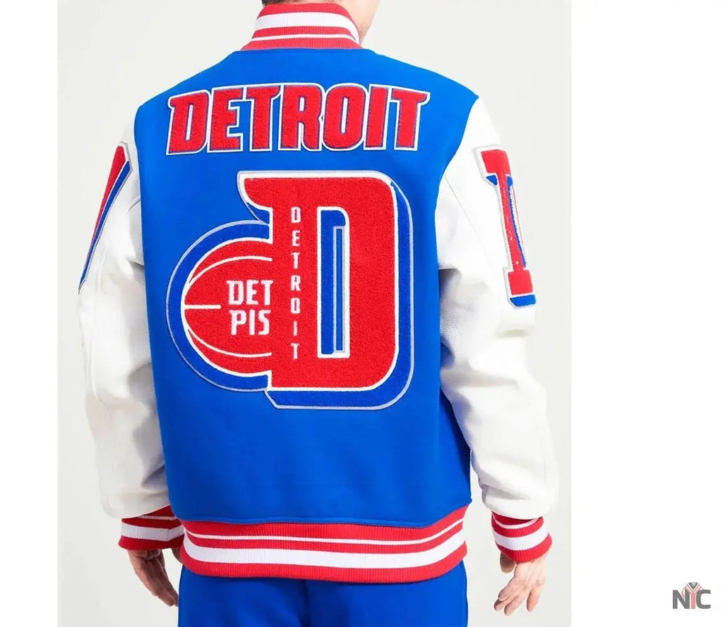 Detroit Pistons Mashup Varsity Royal and White Jacket Clanton Jacket