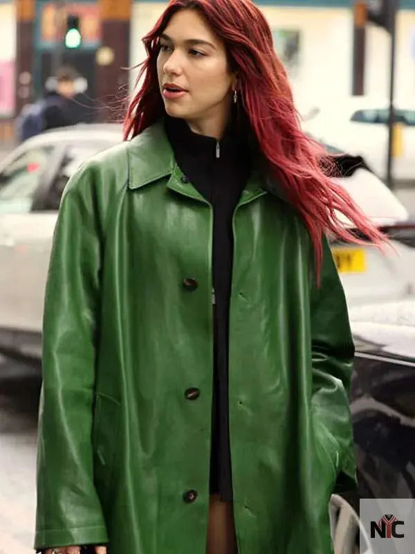 Dua Lipa Green Leather Coat Clanton Jacket