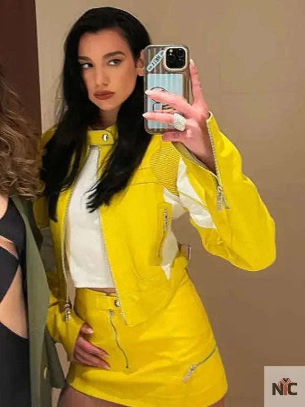 Dua Lipa Spongebob Yellow Leather Jacket Clanton Jacket