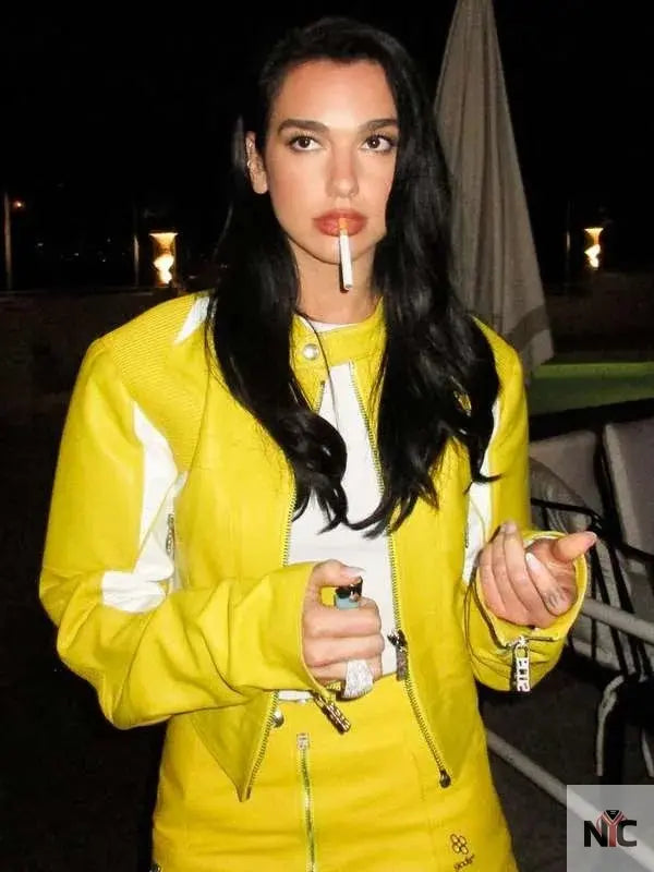 Dua Lipa Spongebob Yellow Leather Jacket Clanton Jacket