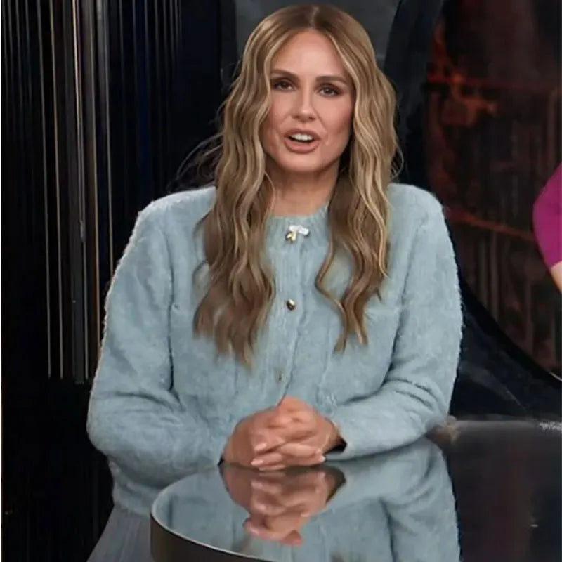 E! News 2025 Keltie Knight Blue Fuzzy Cardigan