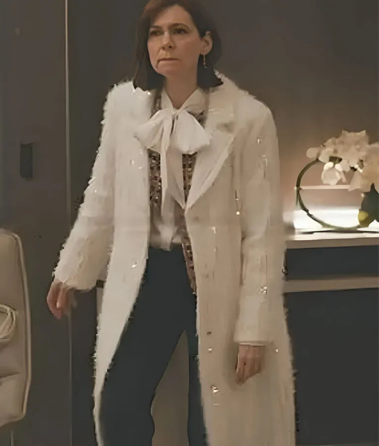 Elsbeth S02 Carrie Preston White Sequin Stripe Mohair Coat