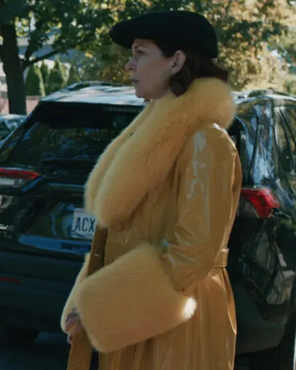 Elsbeth S03 Carrie Preston Fur Trim Yellow Leather Coat