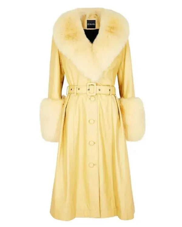 Elsbeth S03 Carrie Preston Fur Trim Yellow Leather Coat