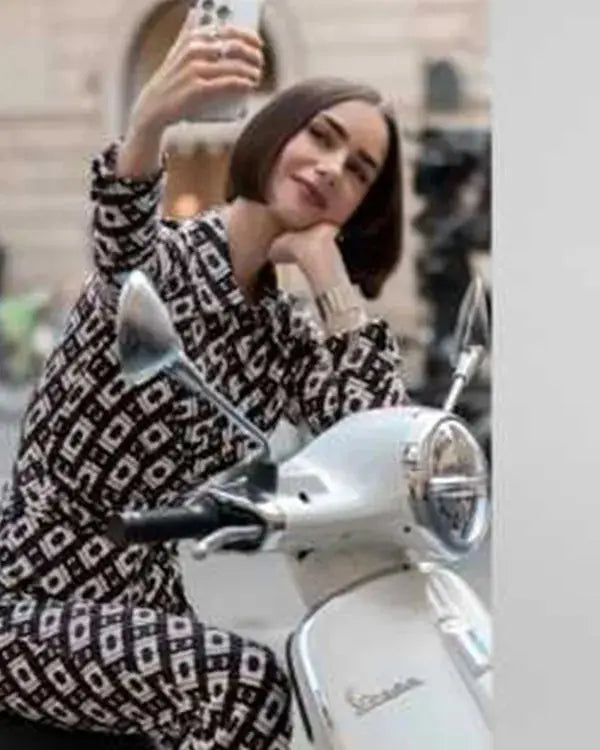 Emily In Paris S05 Lily Collins Brown Chain Print Jumpsuit