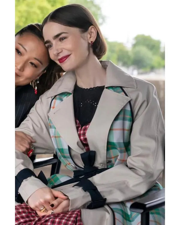 Emily In Paris S05 Lily Collins Green Plaid Panel Trench Coat