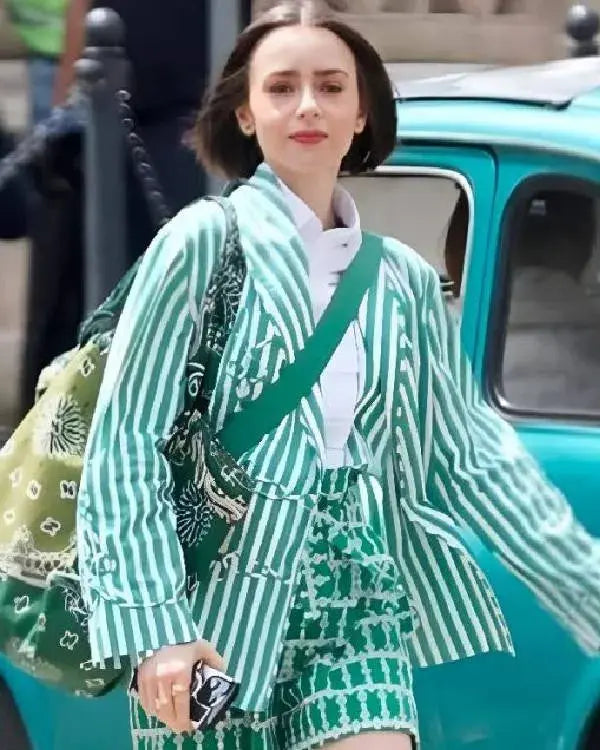 Emily In Paris S05 Lily Collins Green Striped Jacket