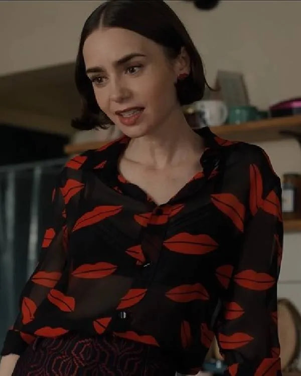 Emily in Paris S05 Lily Collins Lips Printed Blouse