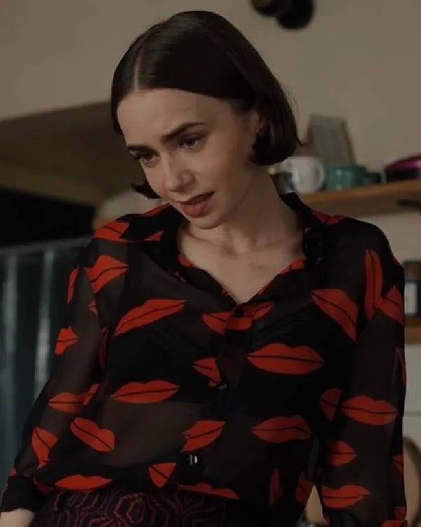 Emily in Paris S05 Lily Collins Lips Printed Blouse