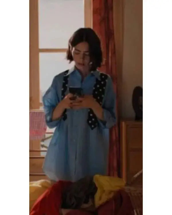 Emily in Paris S05 Lily Collins Shirt With Polka Dot Tie Print