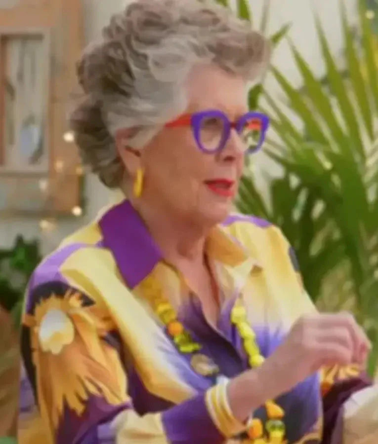Great British Bake Off S16 Prue Leith Yellow & Purple Print Blouse USA Jackets