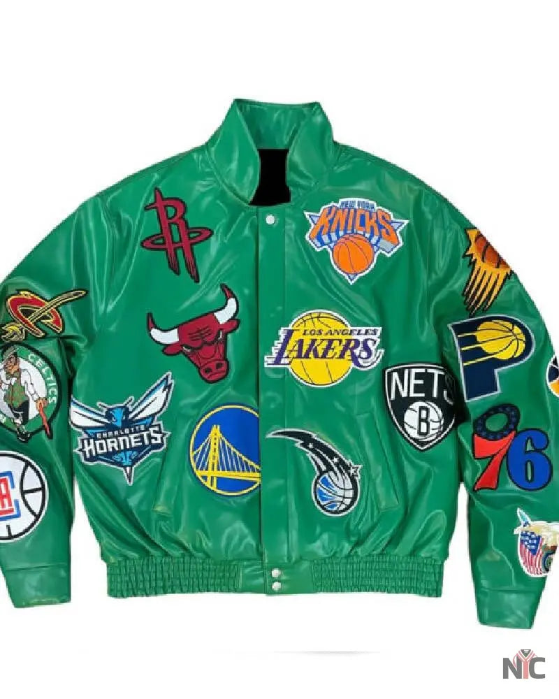 Green NBA Team Collage Jeff Hamilton Leather Jacket Clanton Jacket