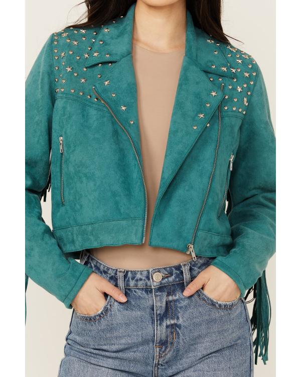 Heartland S19 River Teal Studded Suede Fringe Jacket