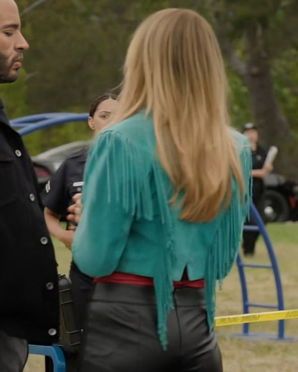 High Potential Kaitlin Olson Teal Fringed Jacket