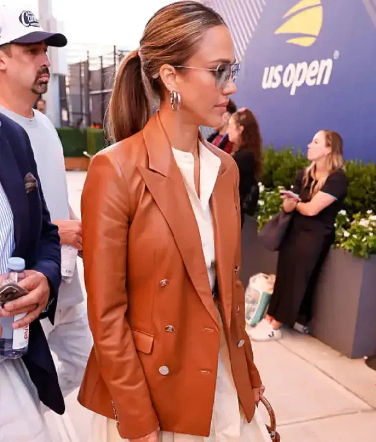 Jessica Alba 2025 US Open Tennis Championships Leather Blazer USA Jackets