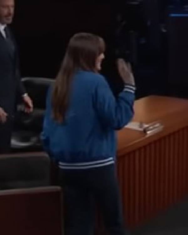 Jimmy Kimmel Live Elizabeth Olsen Blue Letterman Jacket