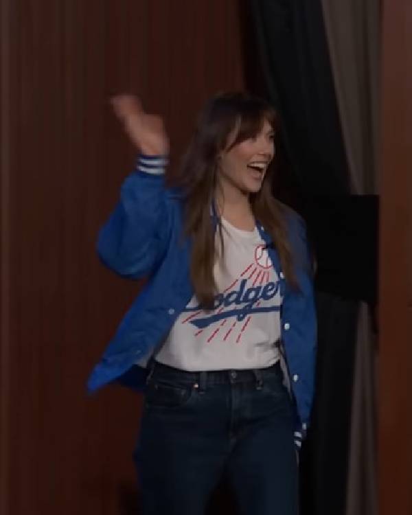 Jimmy Kimmel Live Elizabeth Olsen Blue Letterman Jacket