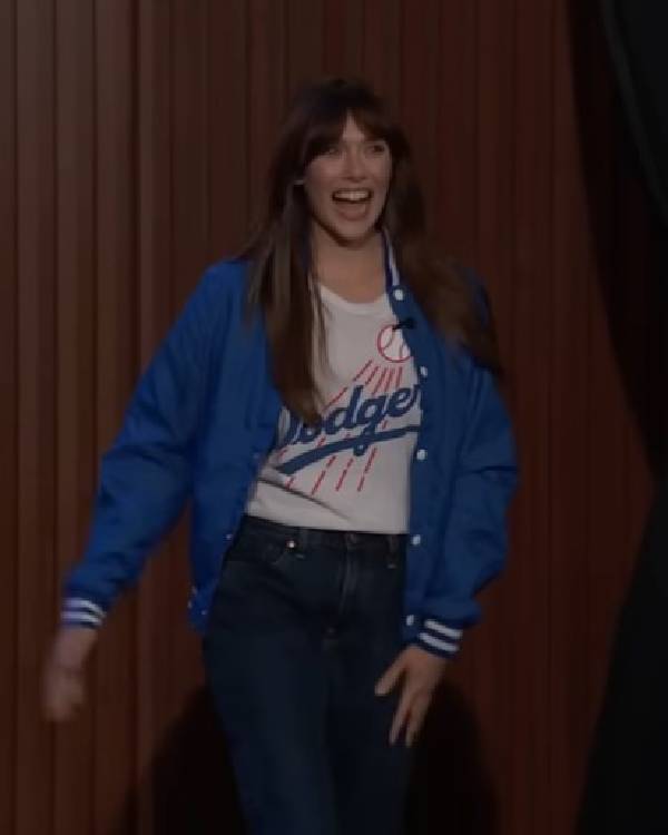Jimmy Kimmel Live Elizabeth Olsen White Dodgers Shirt