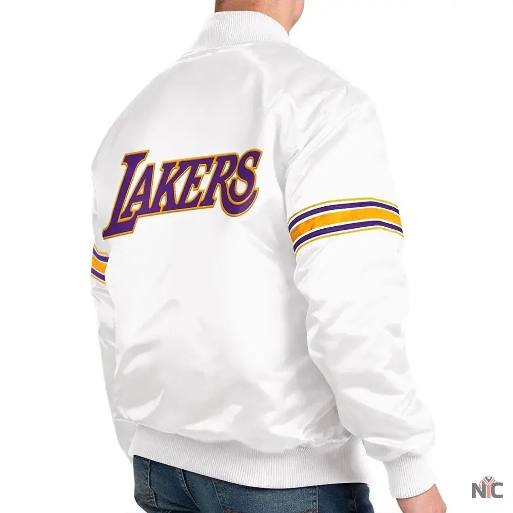 Los Angeles Lakers Power Forward White Satin Varsity Jacket Clanton Jacket