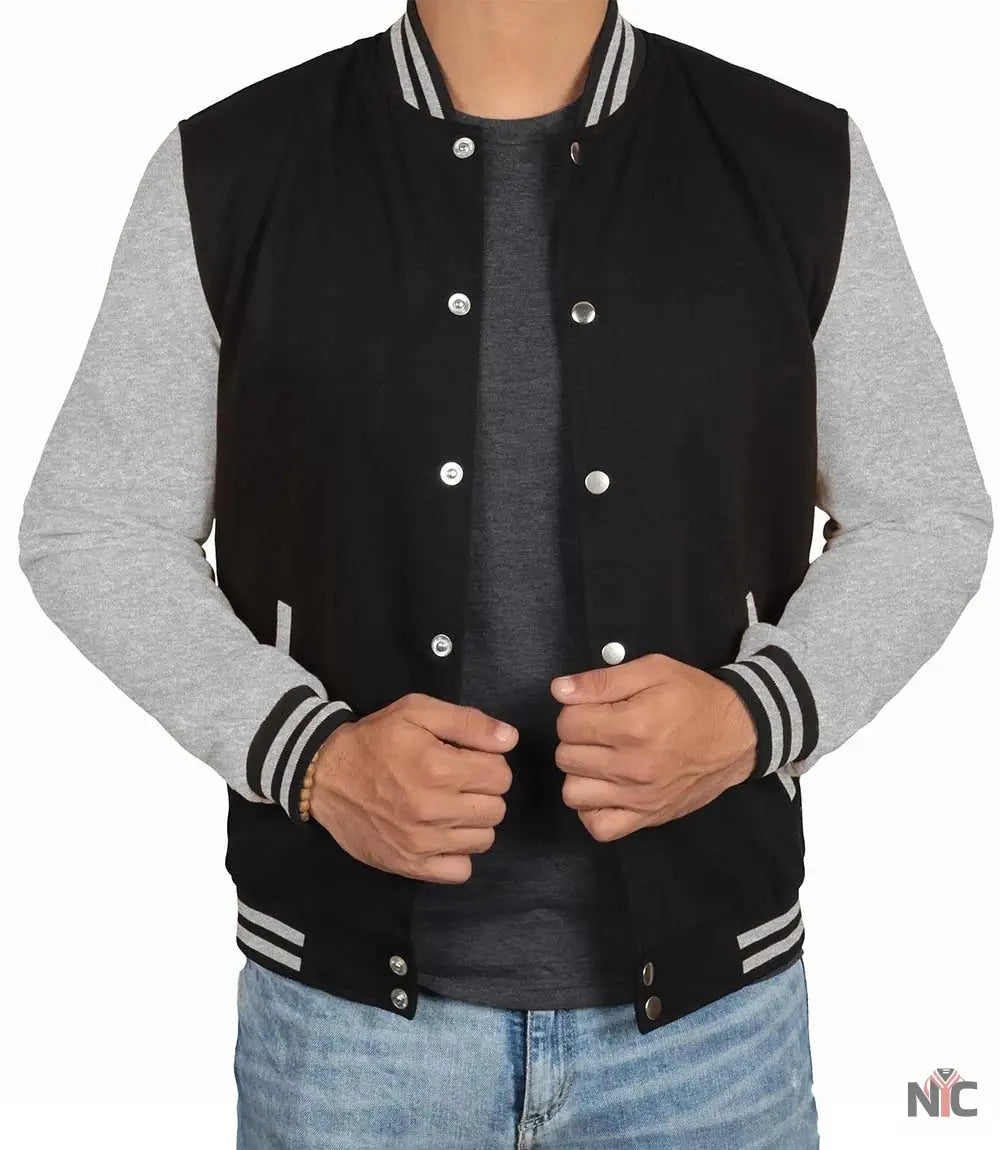 Men's Black and Grey Varsity Bomber Jacket Clanton Jacket