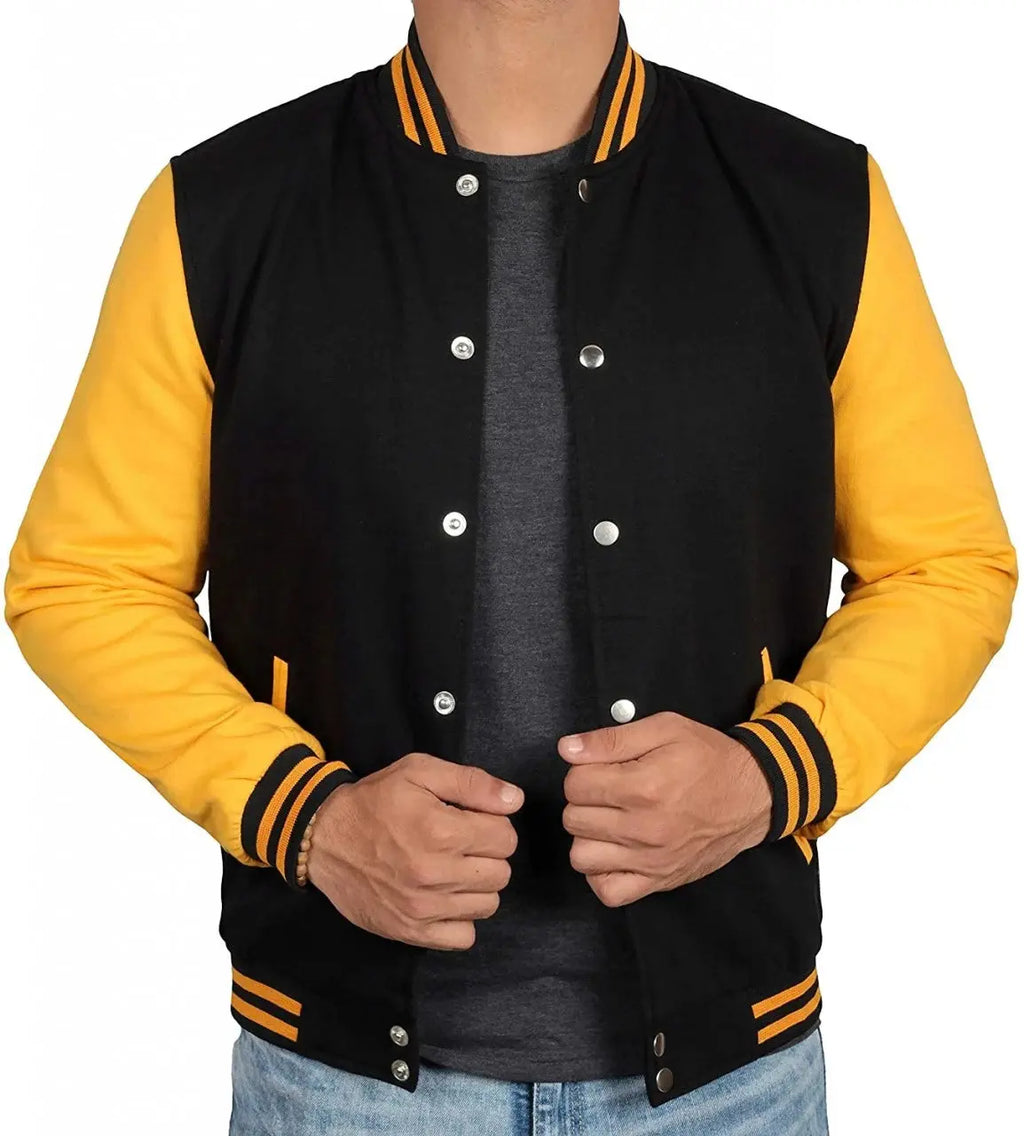 Men's Black and Yellow Varsity Bomber Jacket - Baseball Letterman Style Clanton Jacket