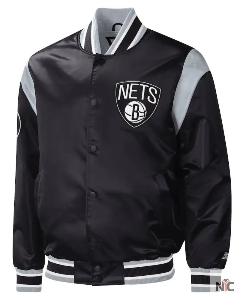 Men’s Brooklyn Nets Starter Black Force Play Satin Full-Snap Varsity Jacket Clanton Jacket