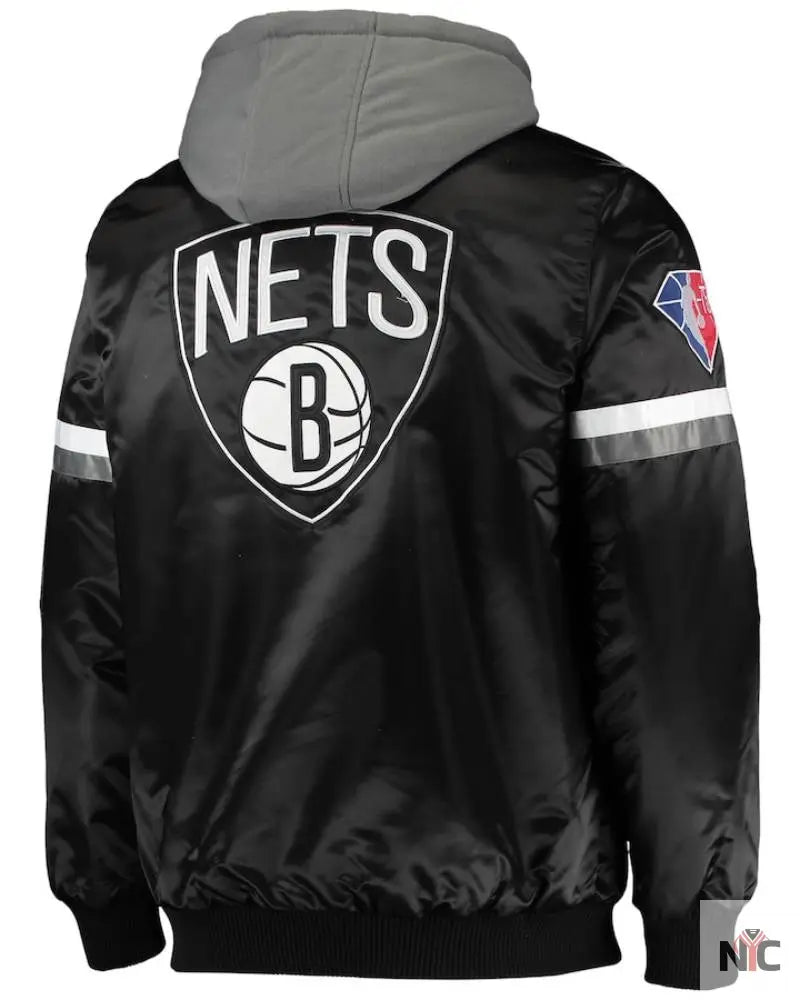 Men’s Brooklyn Nets Starter Black/Gray NBA 75th Anniversary Full-Snap Varsity Hoodie Jacket Clanton Jacket