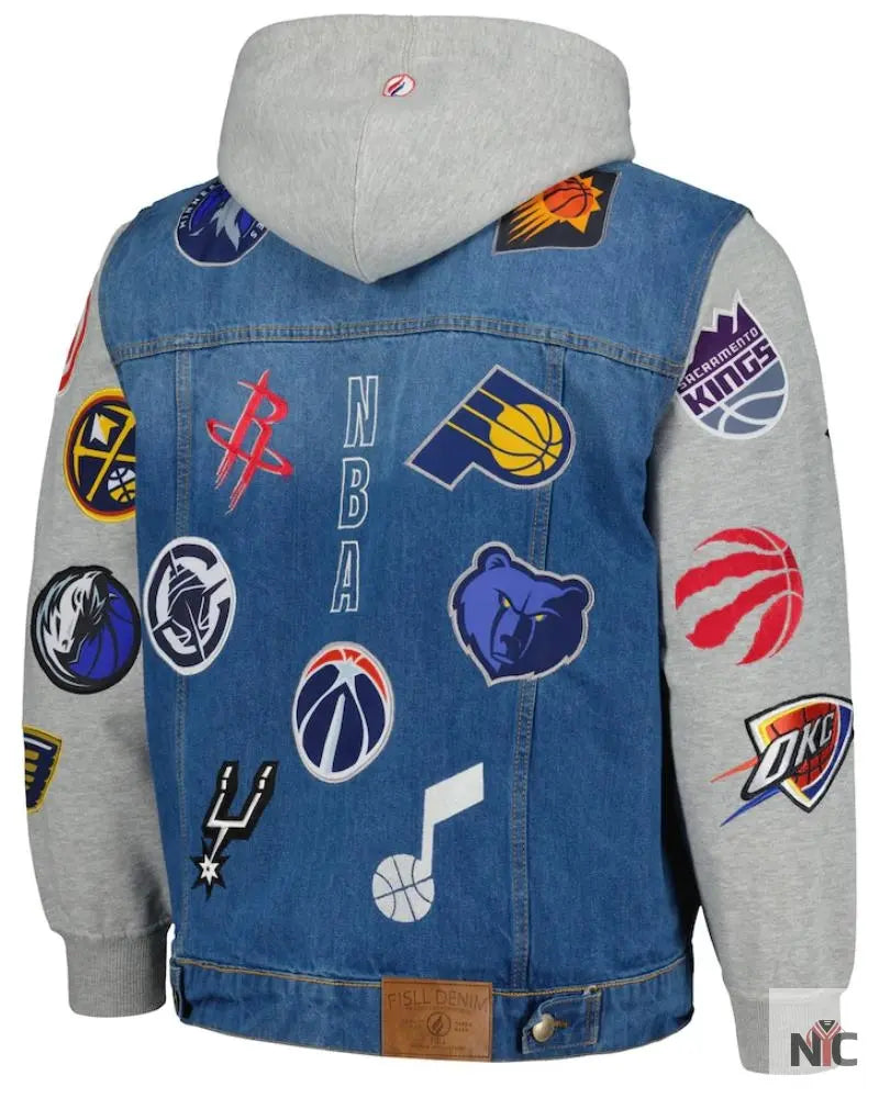 Men’s FISLL Blue/Gray NBA All Teams Full-Button Hoodie Denim Jacket Clanton Jacket