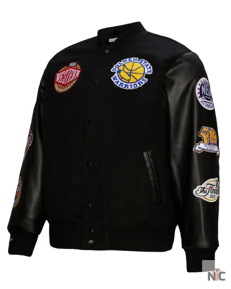 Men’s Golden State Warriors Mitchell & Ness Black Hardwood Classics Blackout Collection Full-Snap Varsity Jacket Clanton Jacket
