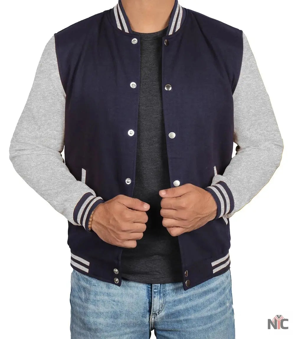 Men's Grey and Blue Varsity Jacket - Bomber Letterman Style Clanton Jacket
